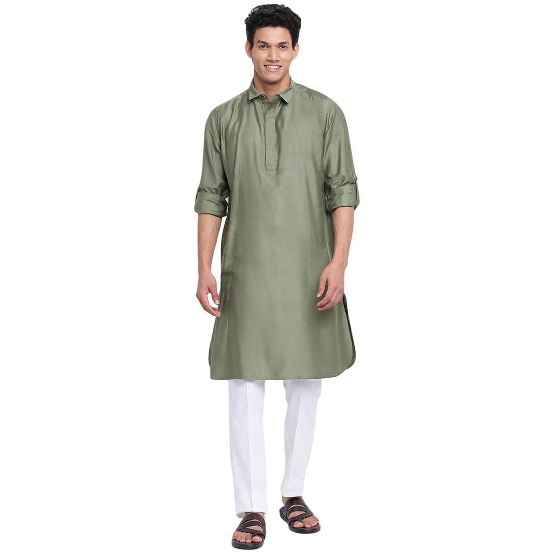 Fabindia Men Viscose Silk Woven Pathani Green_Xs