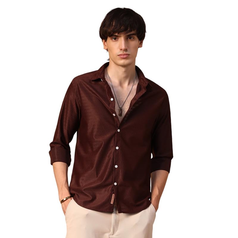 Campus Sutra Mens Chocolate Brown Solid Honeycomb Shirt for Casual Wear | Spread Collar | Long Sleeve | Button Closure | Shirt