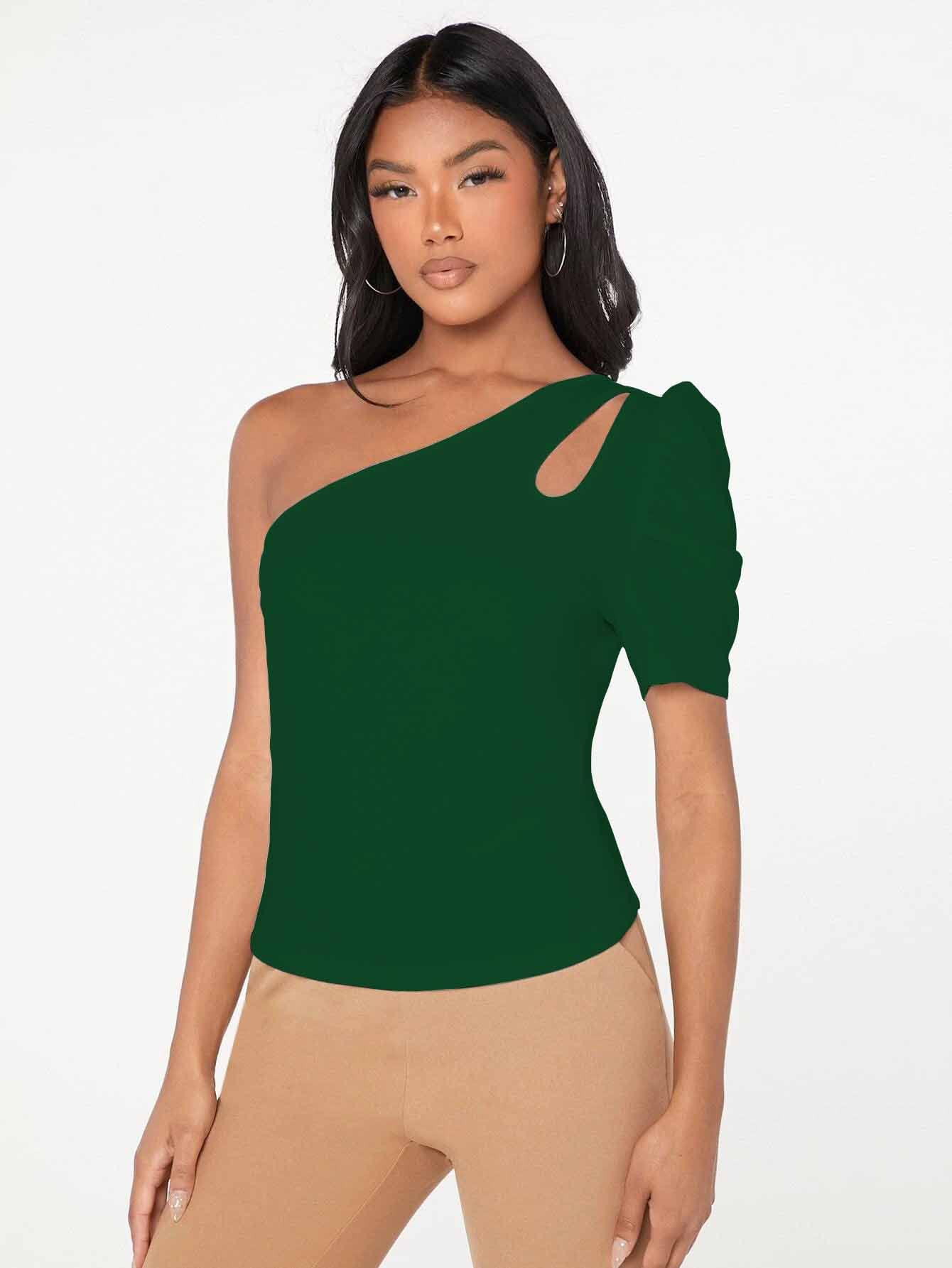 Shasmi Womens & Girls Bottle Green Short Puff Sleeve, One Shoulder Neck, Ruched Bust Solid Tops for Women/Tops, T-Shirts for G