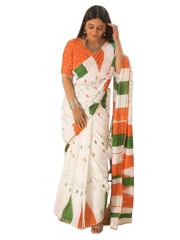 Satrani Womens Cotton Printed & Mirror Work Ready To Wear Republic Day Special Tricolor Saree with Unstitched Blouse Piece (339