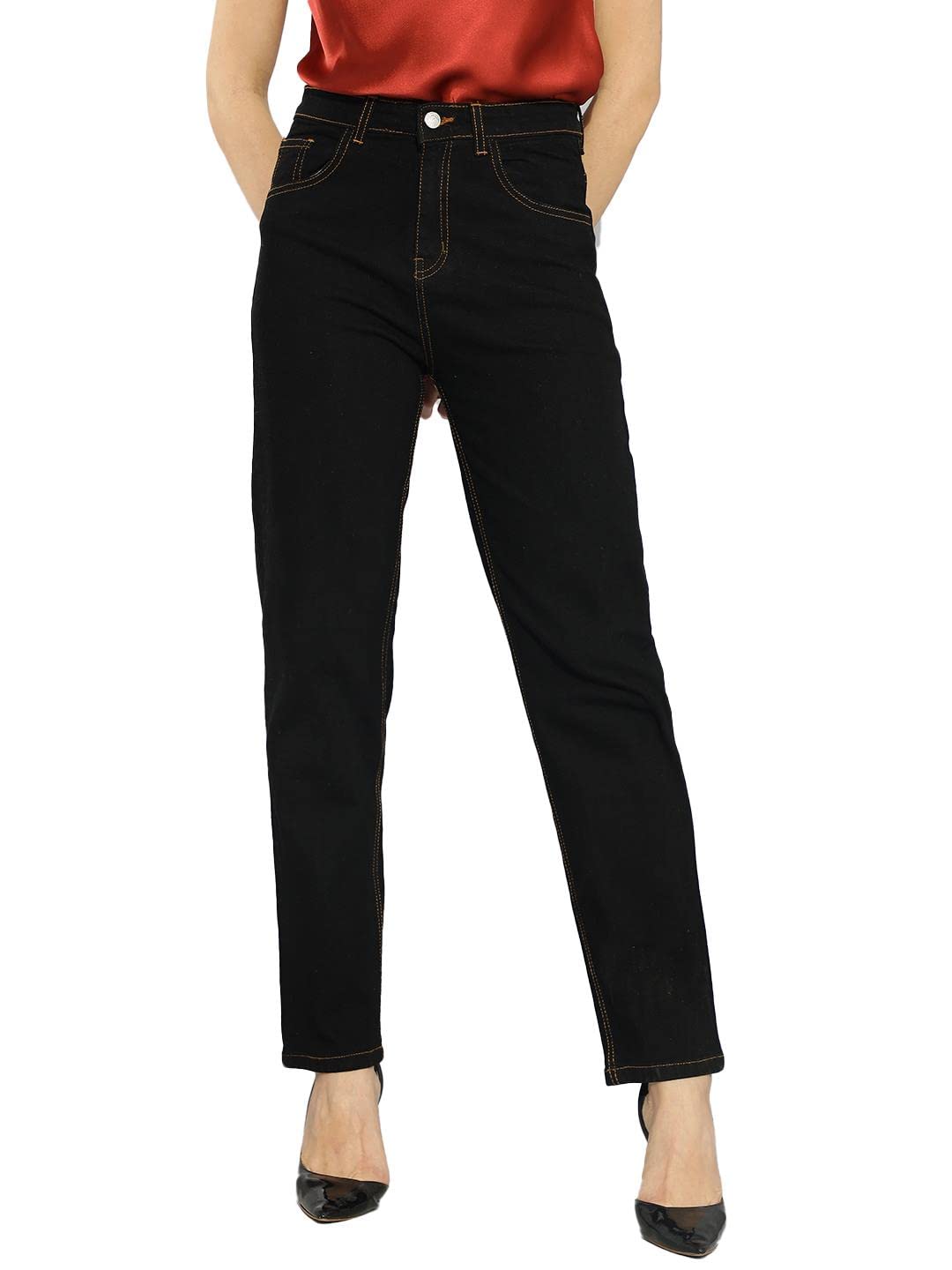 Kotty Women High Rise Cotton Lycra Regular Length Slim Fit Solid Jeans Midnight Black