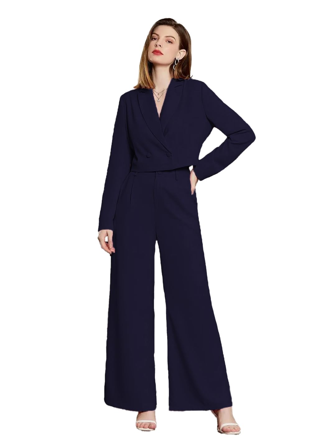 KOTTY Womens Solid Relaxed Fit Full Sleeve Co-ord Blazer and Trouser Set. Navy Blue