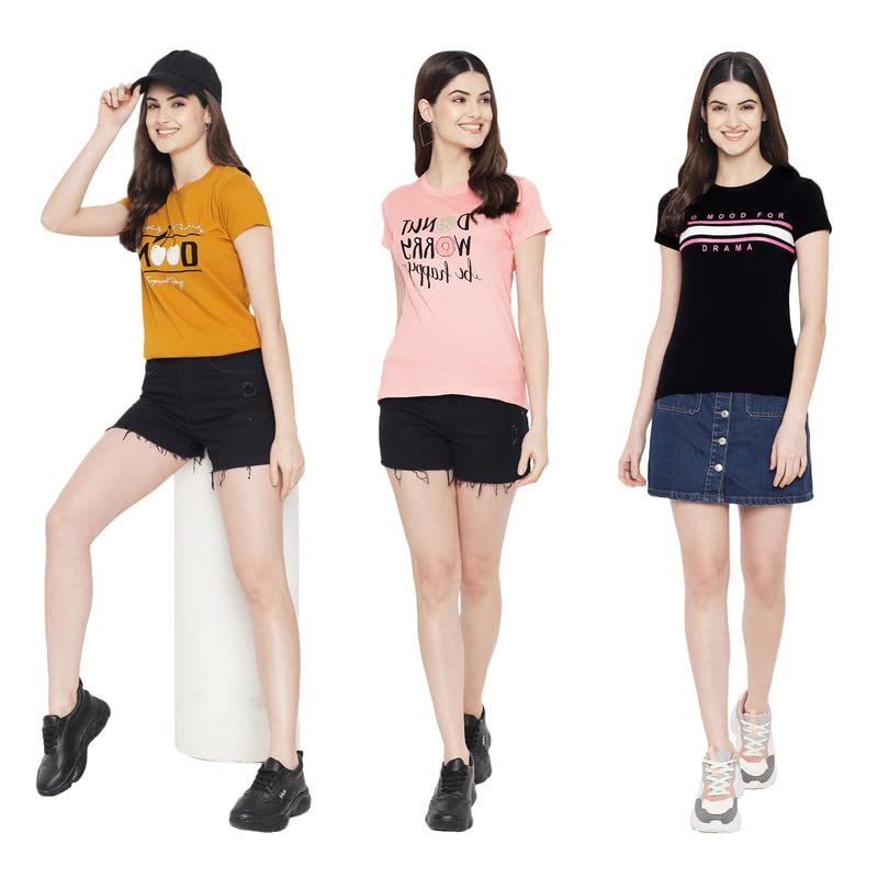 Preneum Womens Cotton Regular Fit Latest Graphic Stylish Printed Short Sleeves Casual T-Shirt || Trend & Styles (Pack 3), Yello