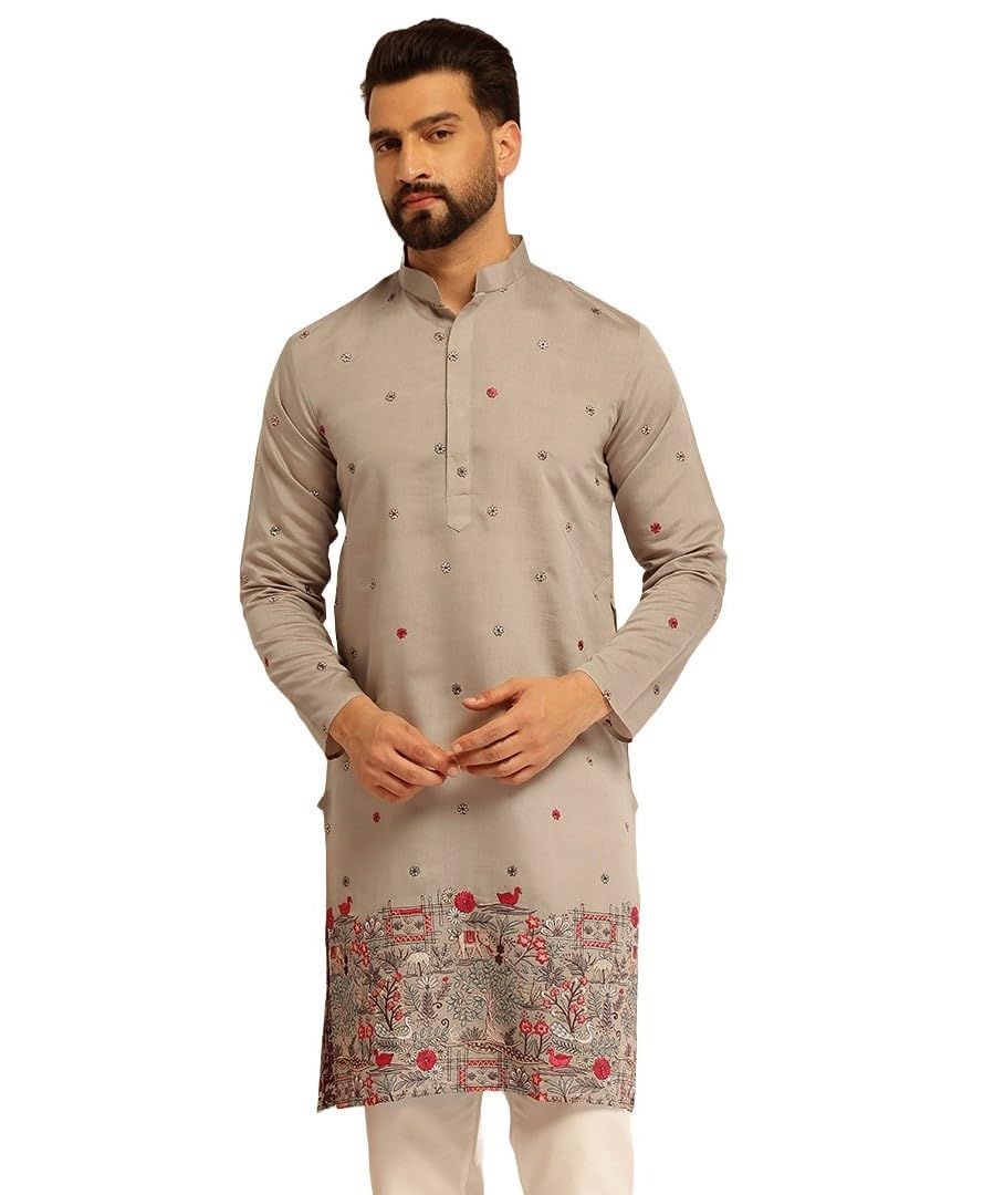 SOJANYA (Since 1958 Men's Cotton Silk Daman Embroidered Grey Long Kurta