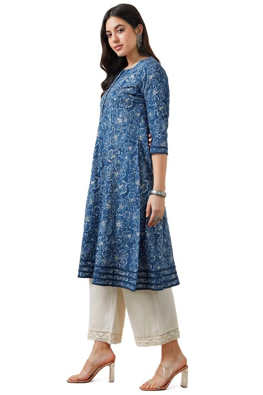 Soch Womens Blue Cotton Slub Botanical Print Panelled Kurta