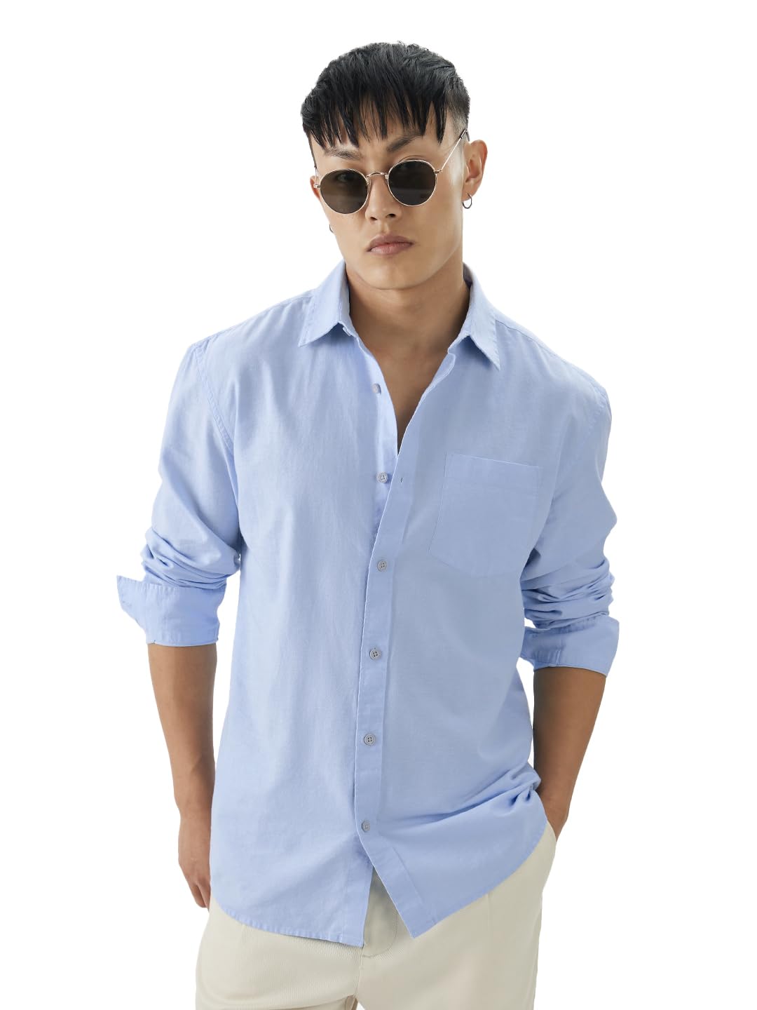 The Souled Store Sky Blue Men and Boys Long Sleeve Collared Neck Buttoned Front Regular Fit Cotton Linen Shirts