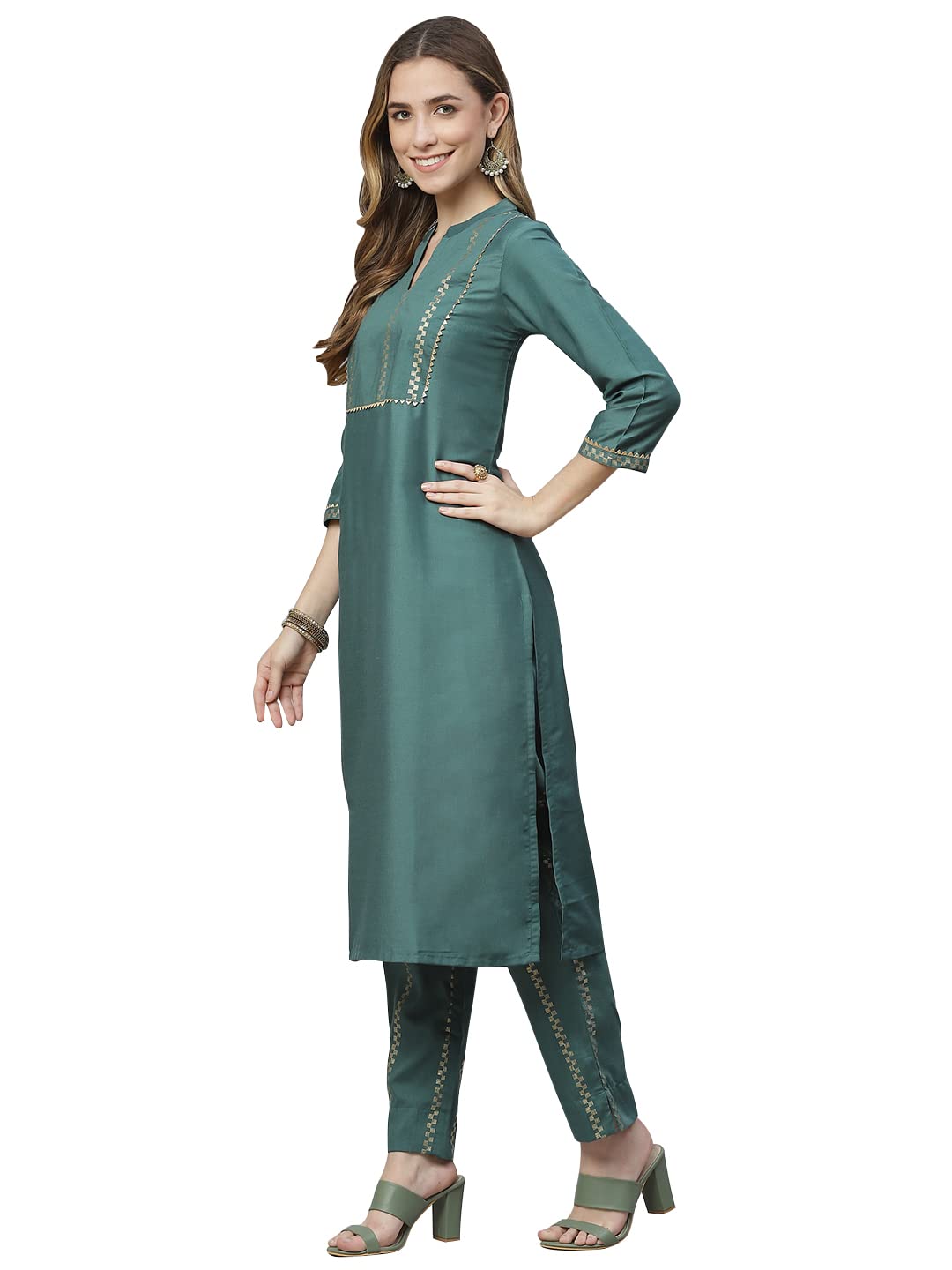 ZIYAA Women Women's Green Color Chinon Straight Kurta And Pant Set