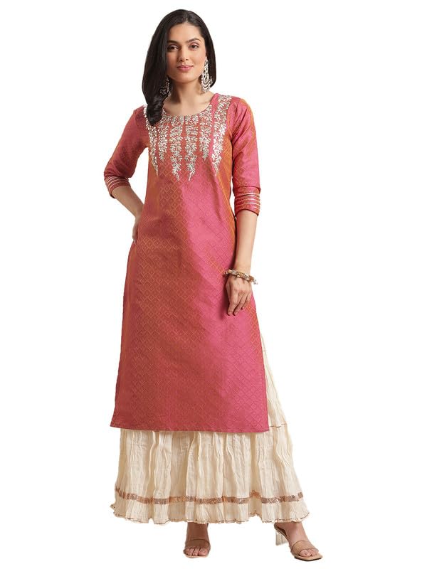 Varanga Women Coral Dual Tone Floral Gota Patti Embroidered Jacquard Kurta