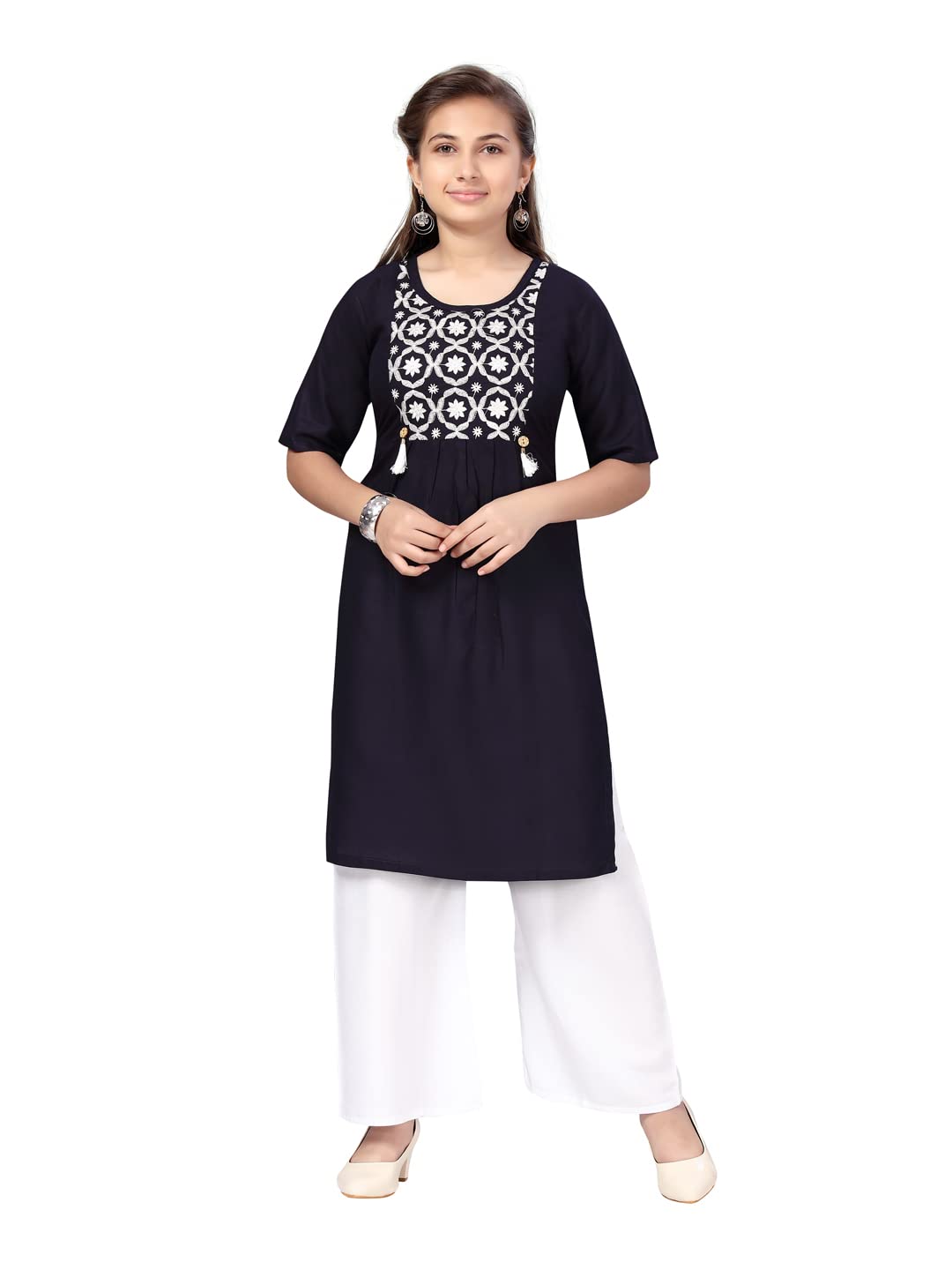 Aarika Girls Navy Blue-White Color Kurti Palazzo Set (Pl-H-6-Navy-Blue-White-32)