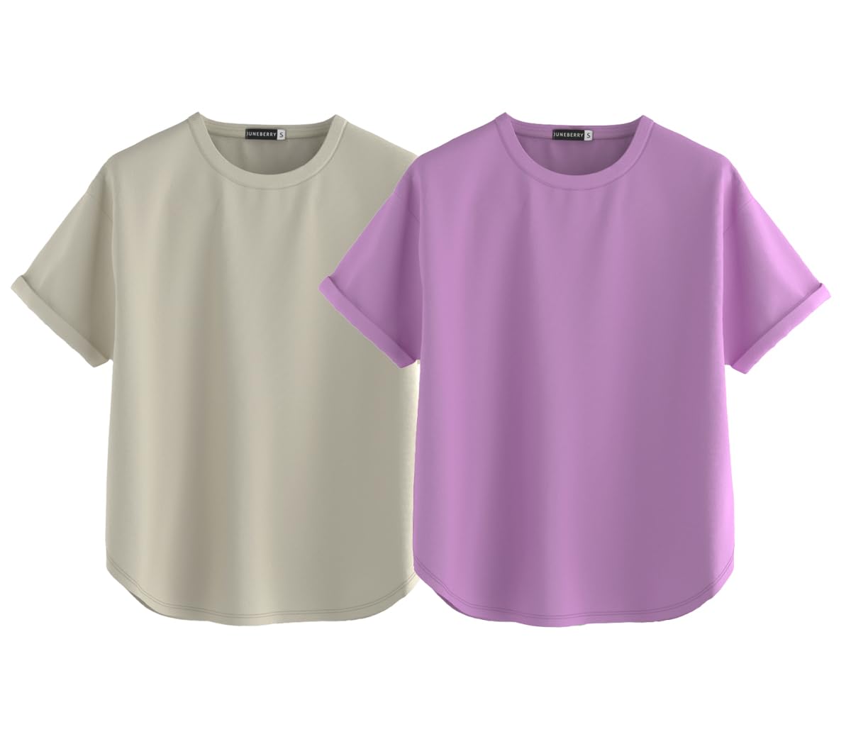 Juneberry Pure 100% Cotton Oversized Loose Baggy Fit Round Neck With Drop Shoulder Swanwhite & Lilac Half Sleeves Boyfriend T-Sh