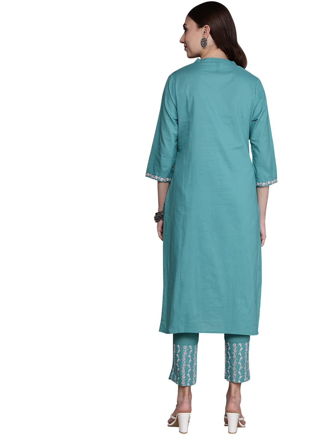 ZIYAA Women's Cotton Women's's Teal Blue Straight Kurta And Pant Set