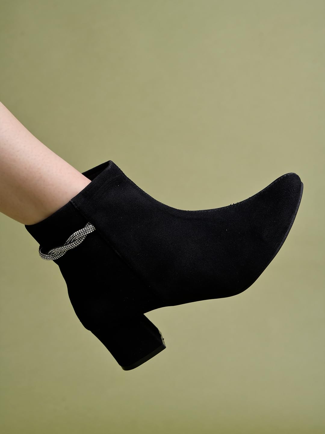 Shoetopia WomenS Black Suede Ankle Boots With Block Heel And Rhinestone Knot Detail||Side Zip Fashion Booties For Fall & Winter