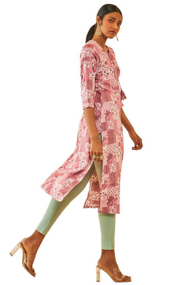 Soch Womens Rayon Abstract Printed Straight Kurta with Tie-Ups