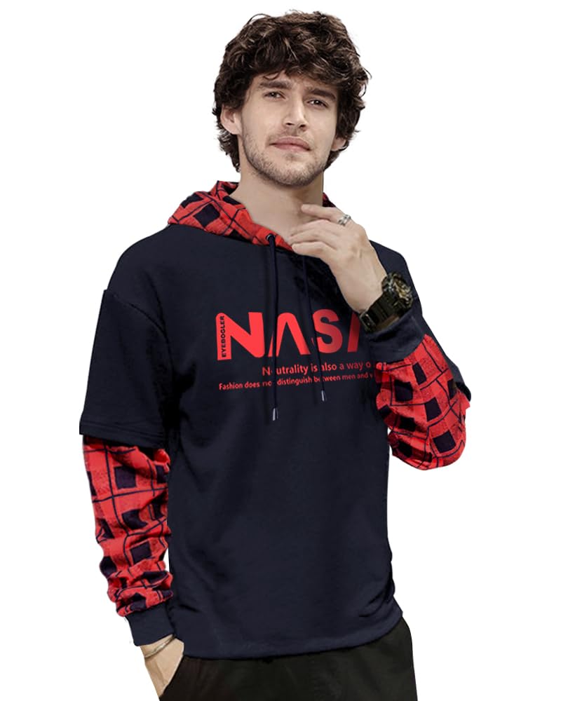 Eyebogler Mens Regular Fit Hooded Neck Full Sleeve Tshirt(Navy Red)