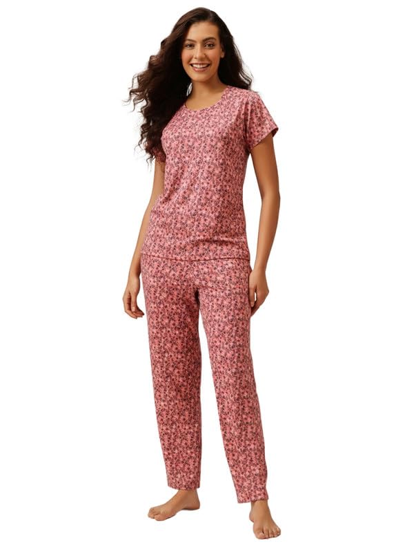 Clovia Womens Floral Top & Pyjama Set (LS0743A22_Pink_XXL)
