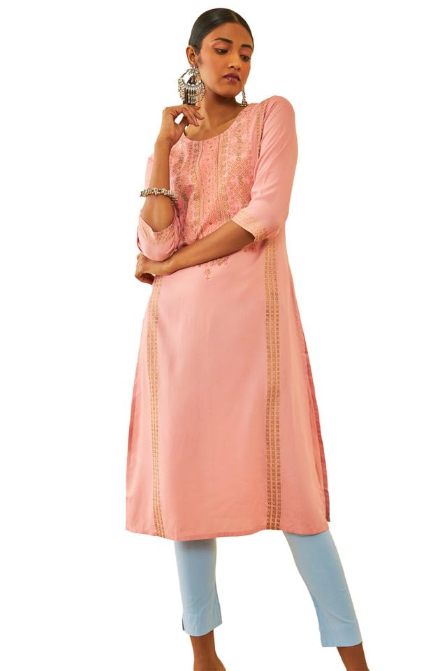 Soch Womens Peach Rayon Ethnic Motifs Printed Straight Kurta with Beads