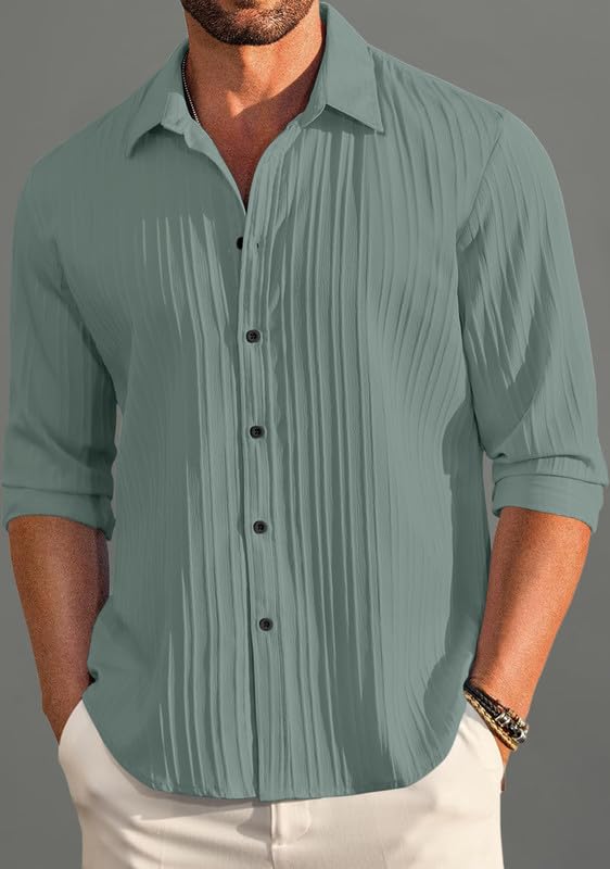 Macsivo Combo Of MenS Casual Button Down Shirts Long Sleeve Linen Shirt Fashion Textured Beach Summer Shirt Pack Of 2