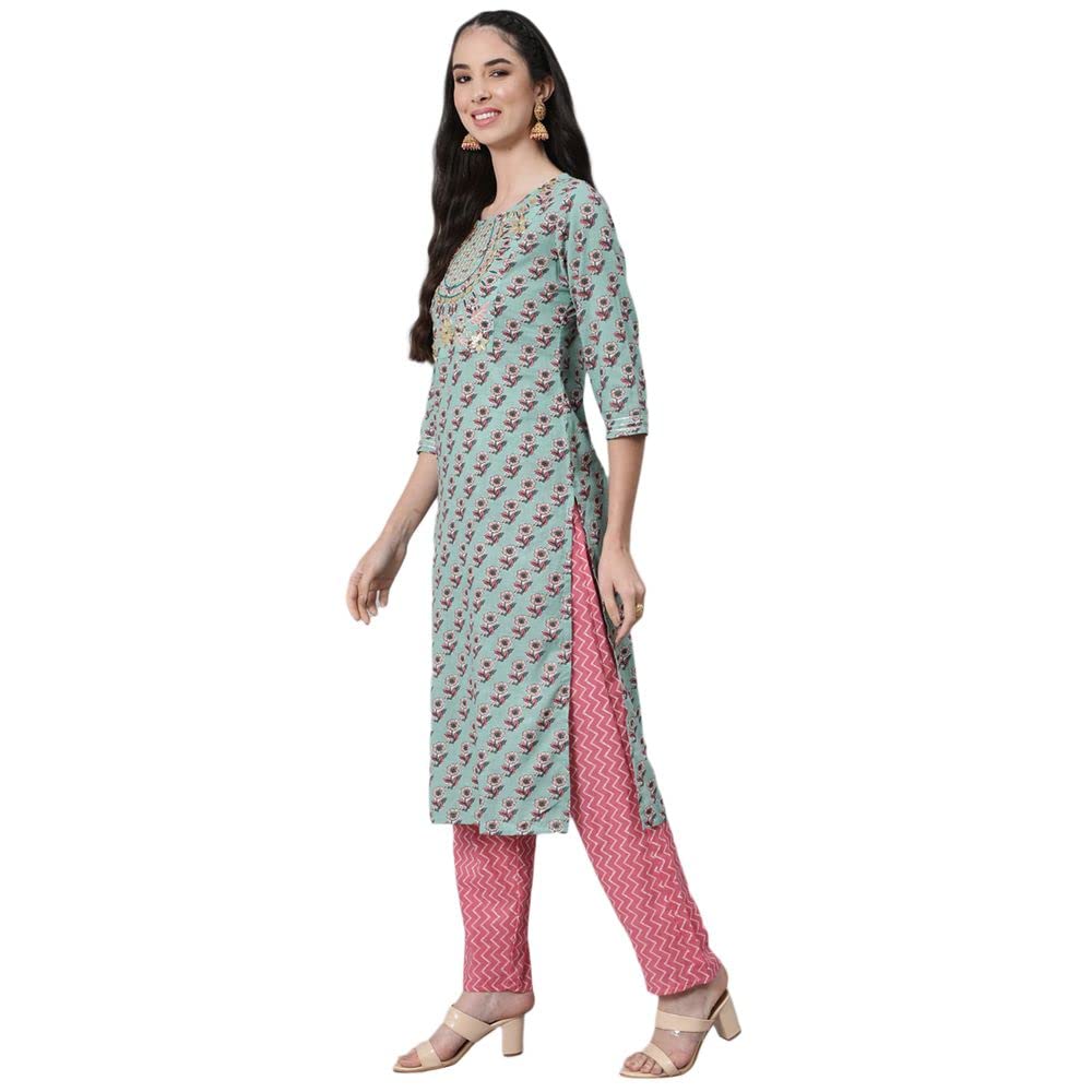 anubhutee Women's Green & Pink Printed Pure Cotton Kurta Suit Set with Pants & Dupatta