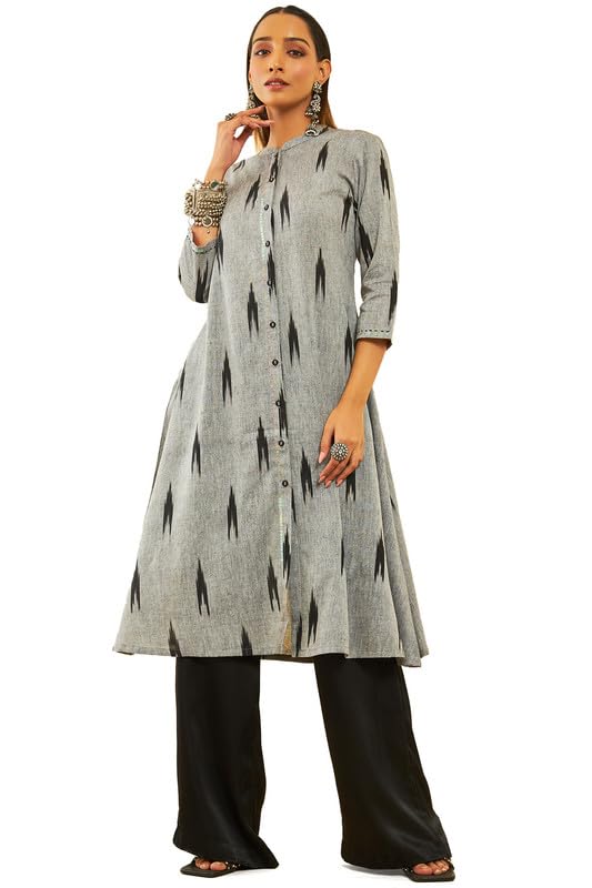 Soch Womens Grey Cotton Ikat Printed Straight Kurta With Sequins