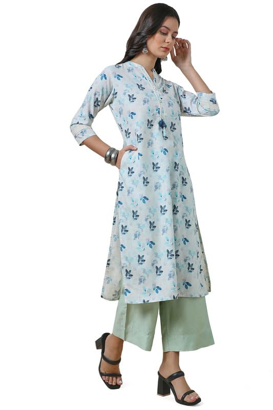 Soch Womens Off White Straight Linen Blend Printed Kurta with Tassels