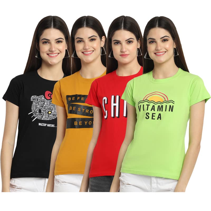 Preneum Womens Cotton Regular Fit Latest Graphic Stylish Printed Short Sleeves Casual T-Shirt || Trendy (Pack 4), Black & Yello