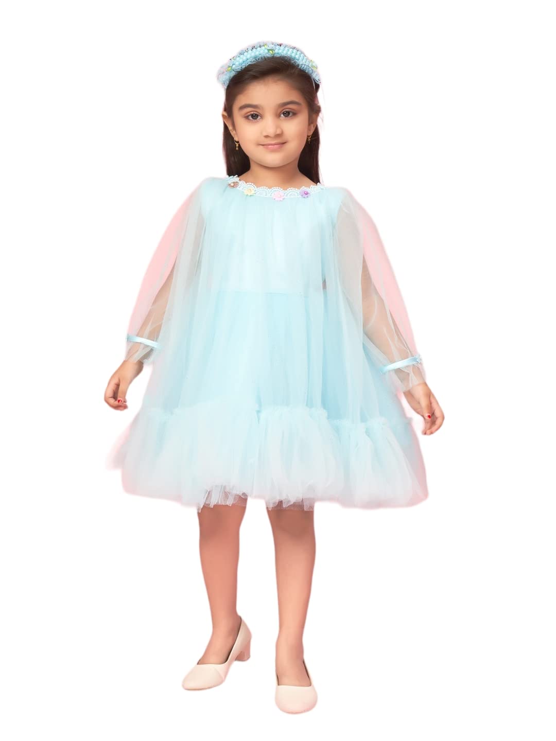 Aarika Baby-Girl's Net Fit and Flare Above The Knee Dress (New_FK-16009_Firozi
