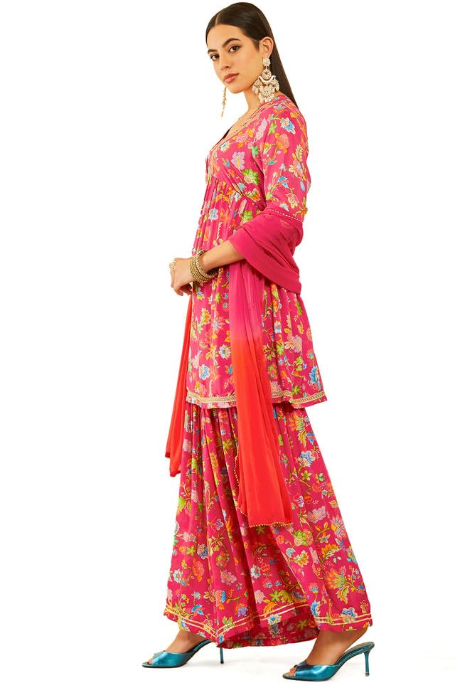 Soch Womens Fuchsia Muslin Floral Printed sharara Suit Set with Sequinned Details
