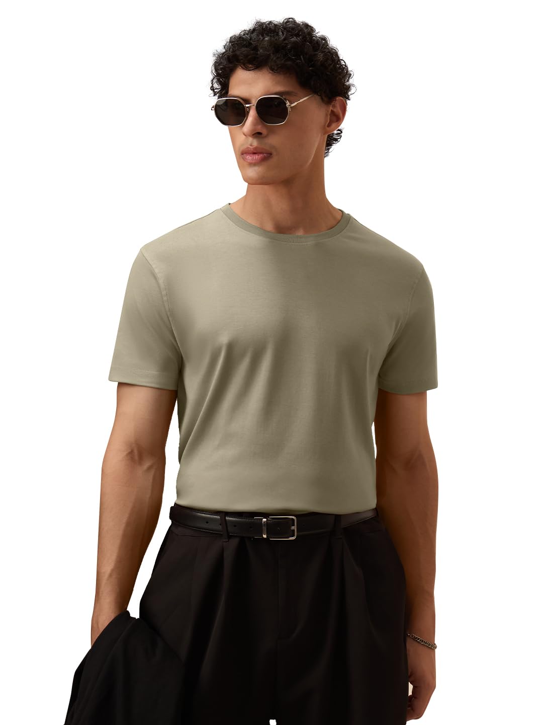 The Souled Store Solid Stone Brown Men & Boys Short Sleeve Round Crew Neck Solid Regular Fit Supima Cotton T-Shirts