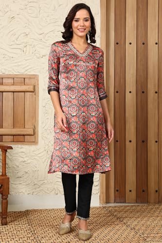 W for Woman Black Floral Printed Embellished Japanese Satin Straight Kurta