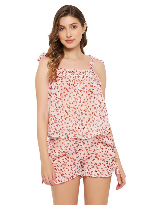 Clovia Womens Pretty Florals Resort Wear Top & Shorts Set in White (RW0066P18_White_L)