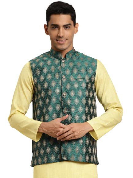 Sojana (Since 1958) Men's Silk Blend Dark Green & Gold Booti Jacquard ONLY Nehru Jacket