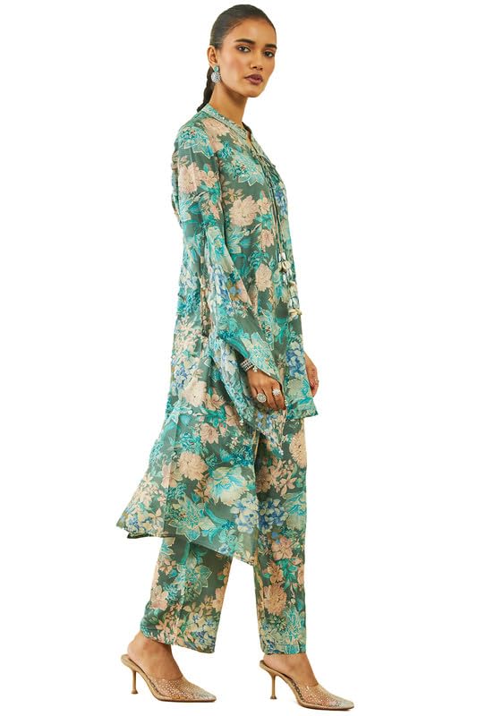 Soch Womens Teal Muslin Floral Print Co-Ord Set With Tasselled Neck Tie-Up