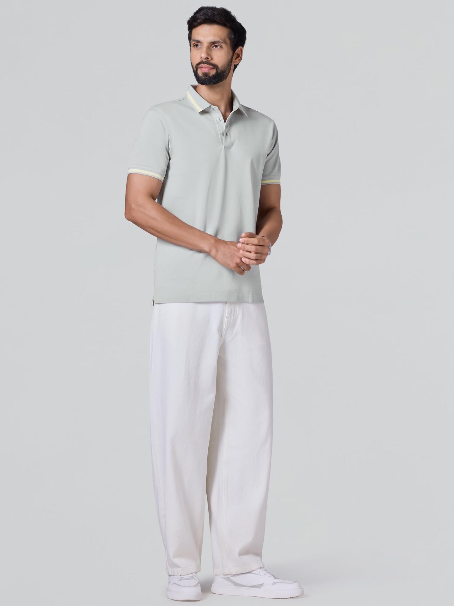 XYXX Mens Solid Cotton T-Shirt | Mercerized Pique Polo Collor Tshirts | Half Sleeves | Solid-Slim Fit | Grey Mist
