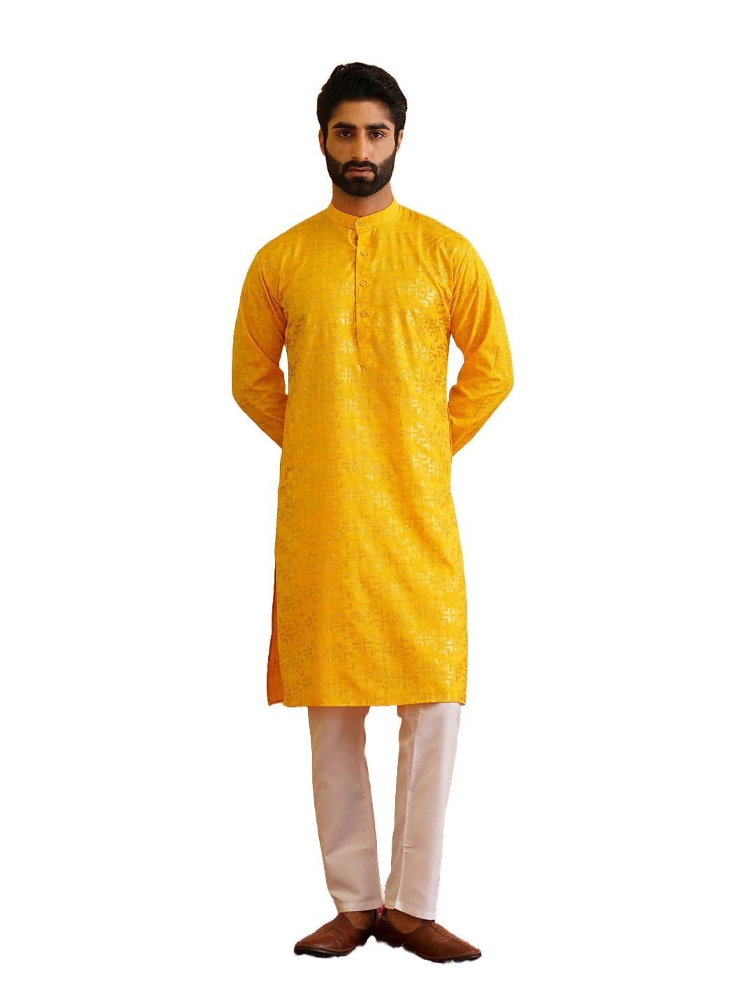SOJANYA (Since 1958 Men's Cotton Foil Gold Printed Mustard Kurta with Churidaar Pyjama