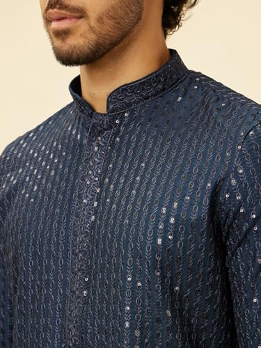 Manyavar Mens Blue Art Silk Embroidered Kurta Pyjama Set