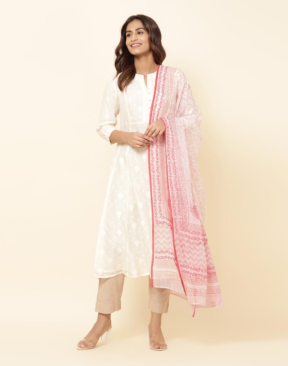Fabindia Orange Cotton Silk Chikankari Dupatta | Free Size | Celebration | 1 Dupatta - 1031111CORAL