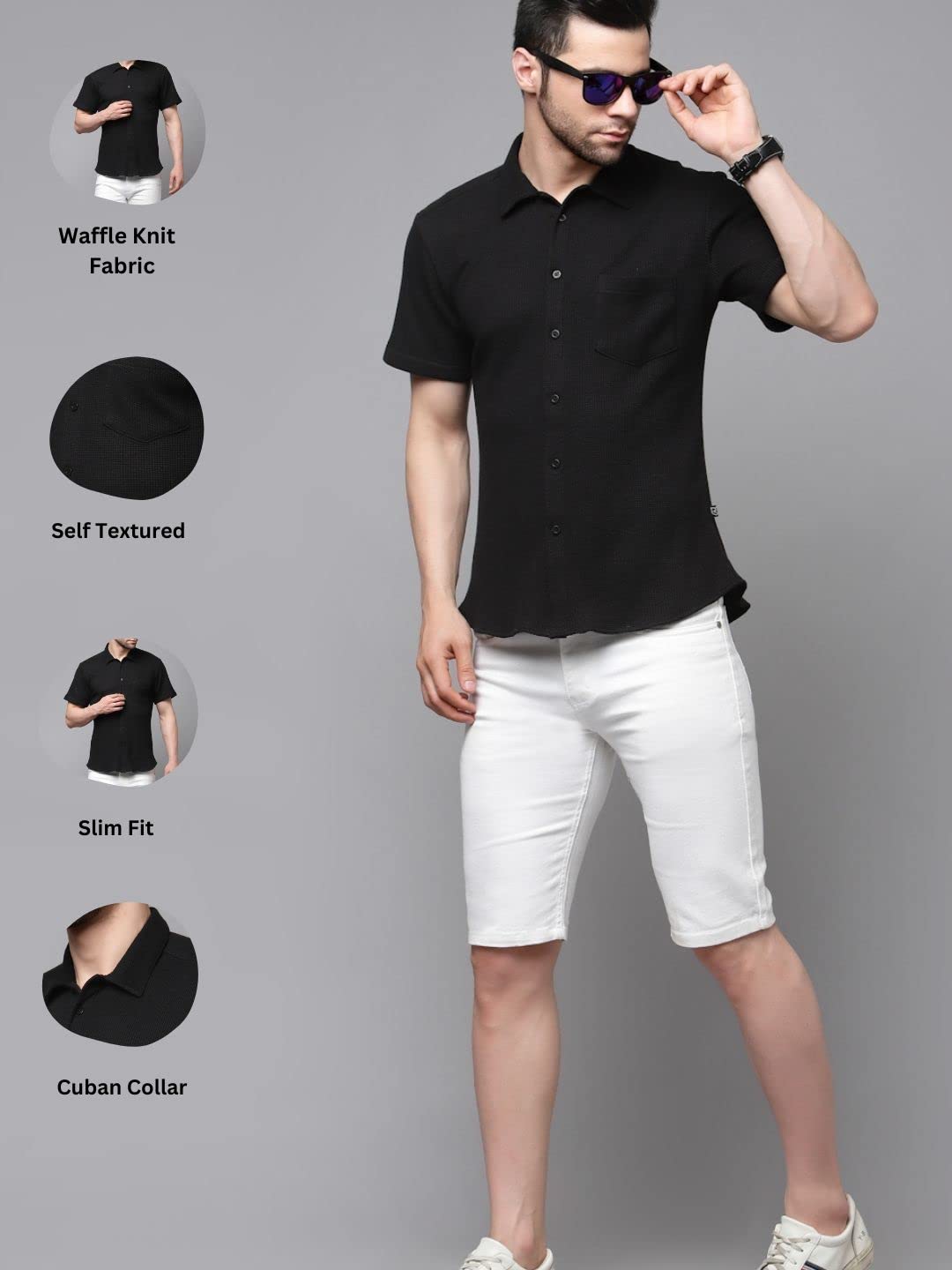 Rigo Waffle Knit Self-Textured Slim Fit Shirt for Mens | Half Sleeve Shirt for Men | Summer Shirts for Men Black
