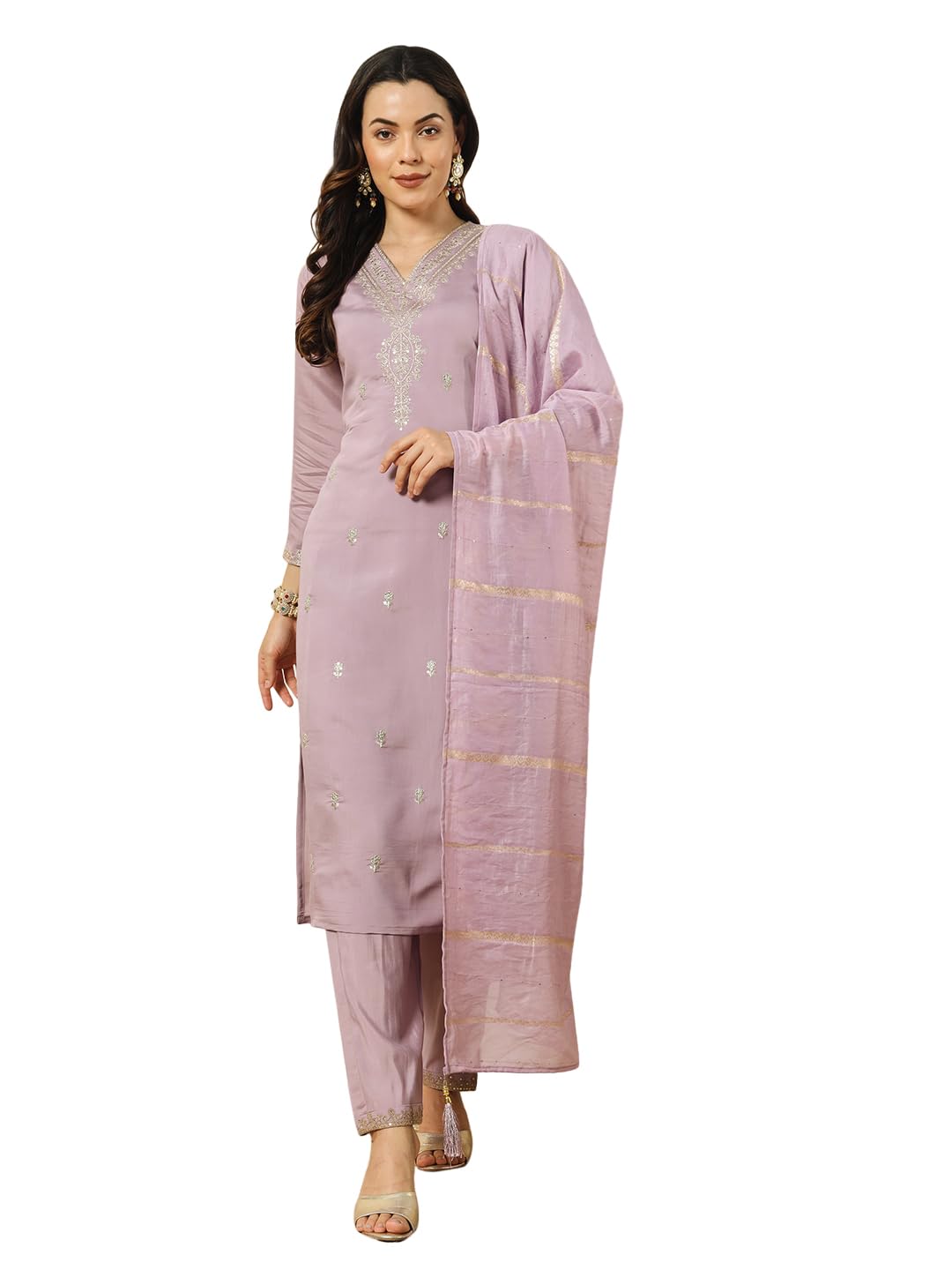 Rieka WomenS Ethnic Embroidered Kurta Set With Dupatta | Straight Kurta Pant Set For Women | 3/4-Length Sleeves, V-Neckline (La