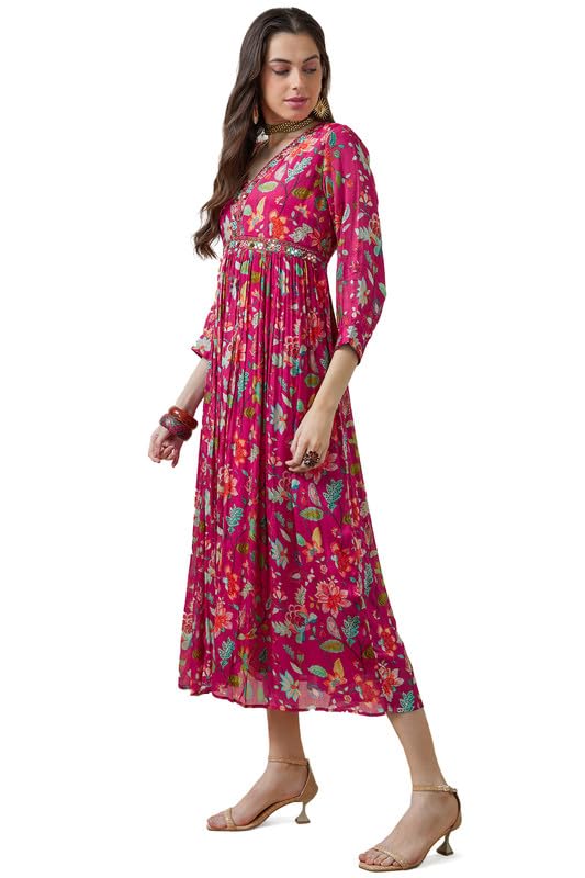 Soch Womens Fuchsia Chinon Floral Print Gathered Dress With Mirror Work