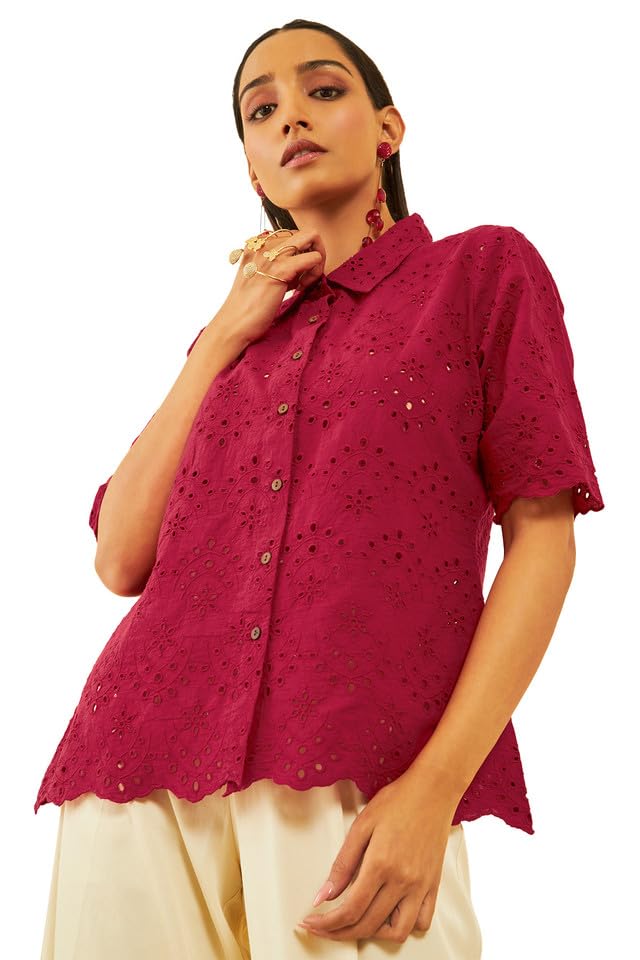 Soch Womens Red Schiffli Embroidery Spread Collar Cotton Tunic