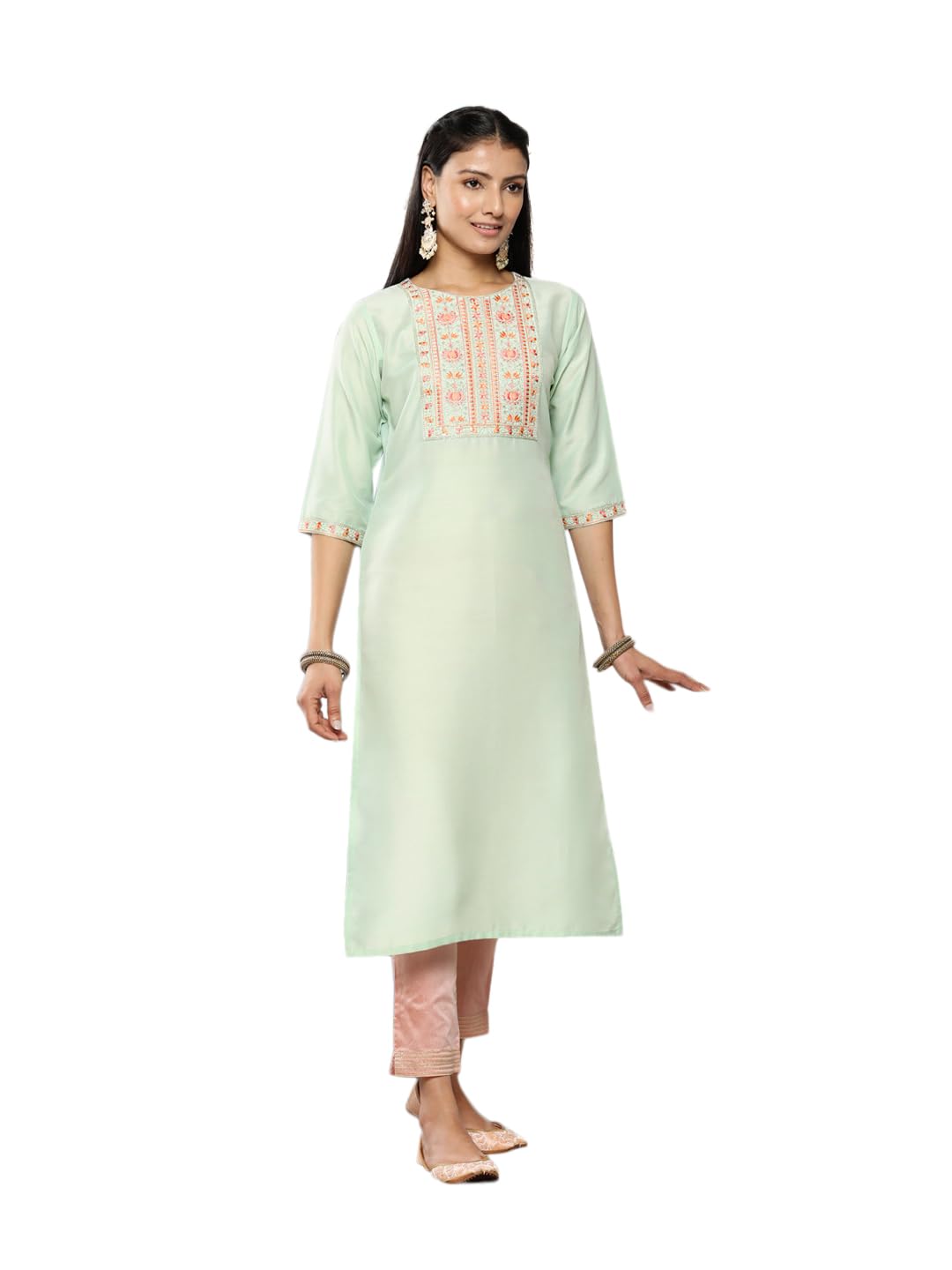 Libas WomenS Silk Printed Straight Kurta (26392_Green