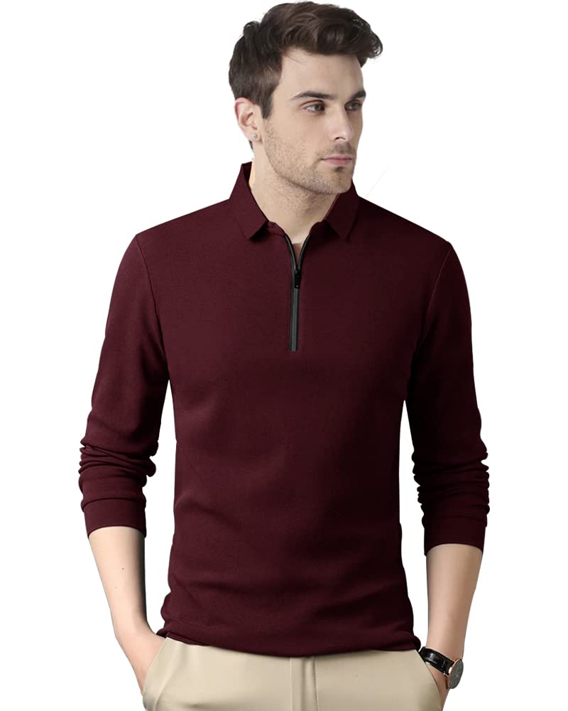 Noble Monk MenS Polo Neck Full Sleeves Solid T-Shirt Wine Melange