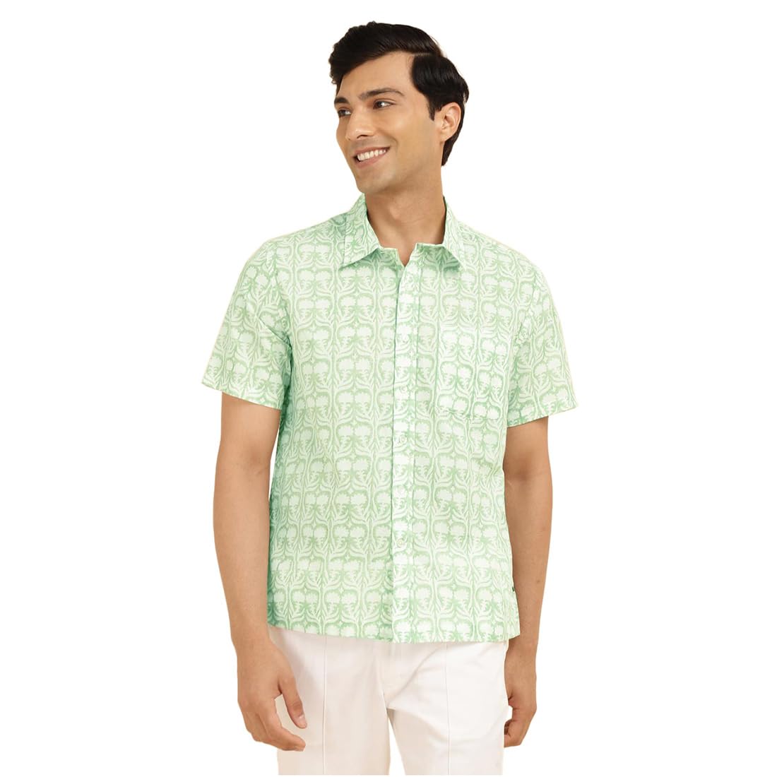 Fabindia Green Cotton Hand Block Printed Regular Shirt