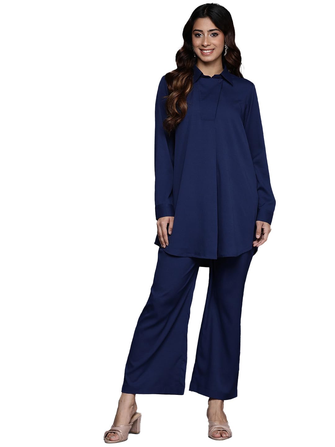 Varanga Women Blue Shirt Collar Co-Ord Set