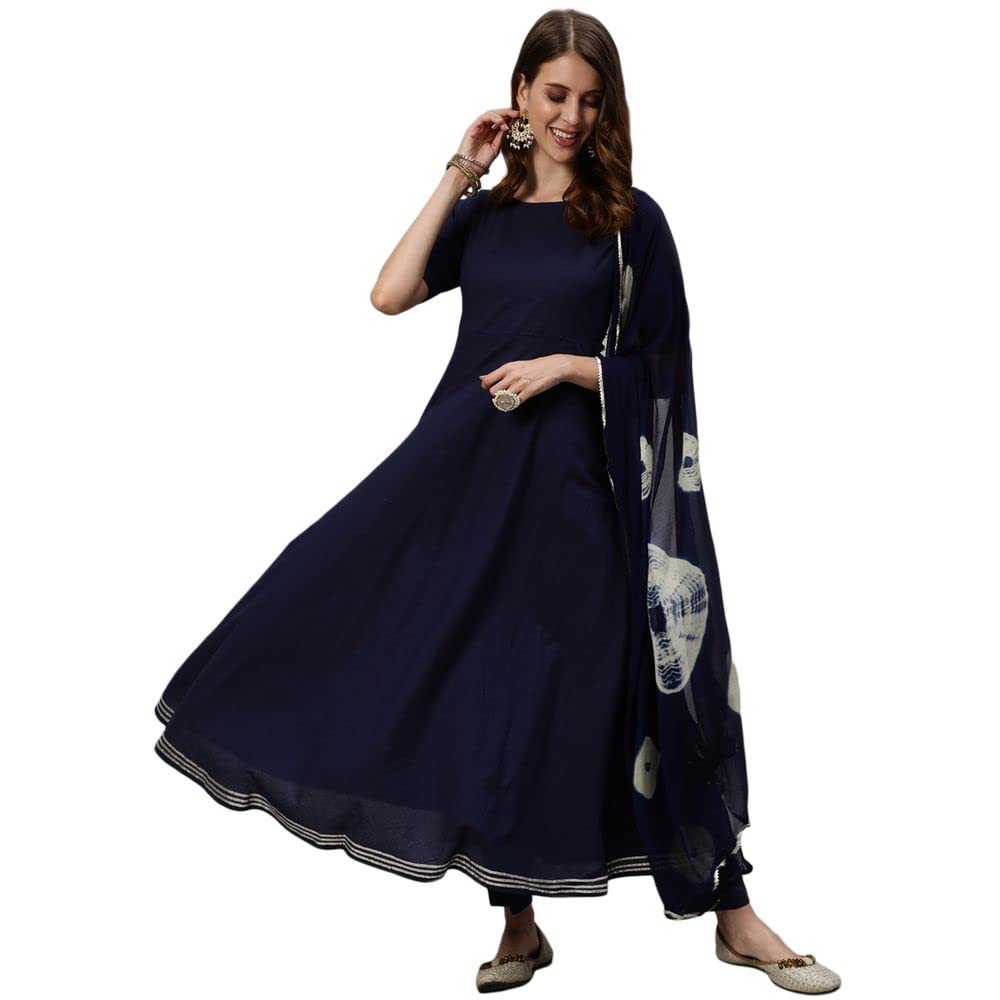Anubhutee WomenS Rayon Navy Blue Ethnic Motifs Solid Anarkali Kurta Suit Set With Pants And Dupatta