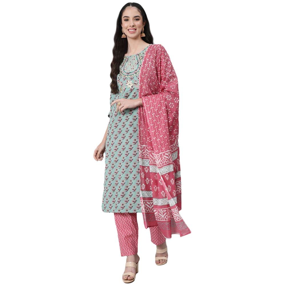 anubhutee Womens Green & Pink Printed Pure Cotton Kurta Suit Set with Pants & Dupatta