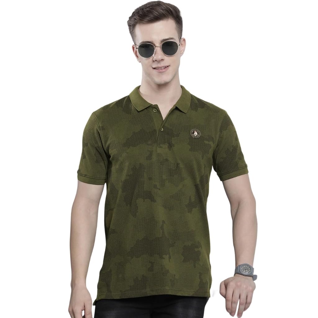 The Indian Garage Co Men Slim Fit Abstract Printed Polo Collar Tshirt Olive