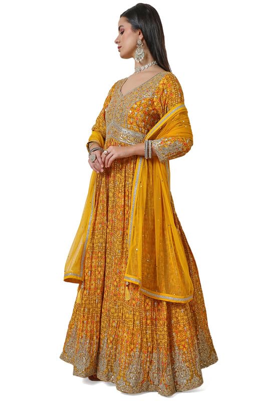 Soch Womens Mustard Floral Print Chinon Blend Alia Cut Gown with Sequins