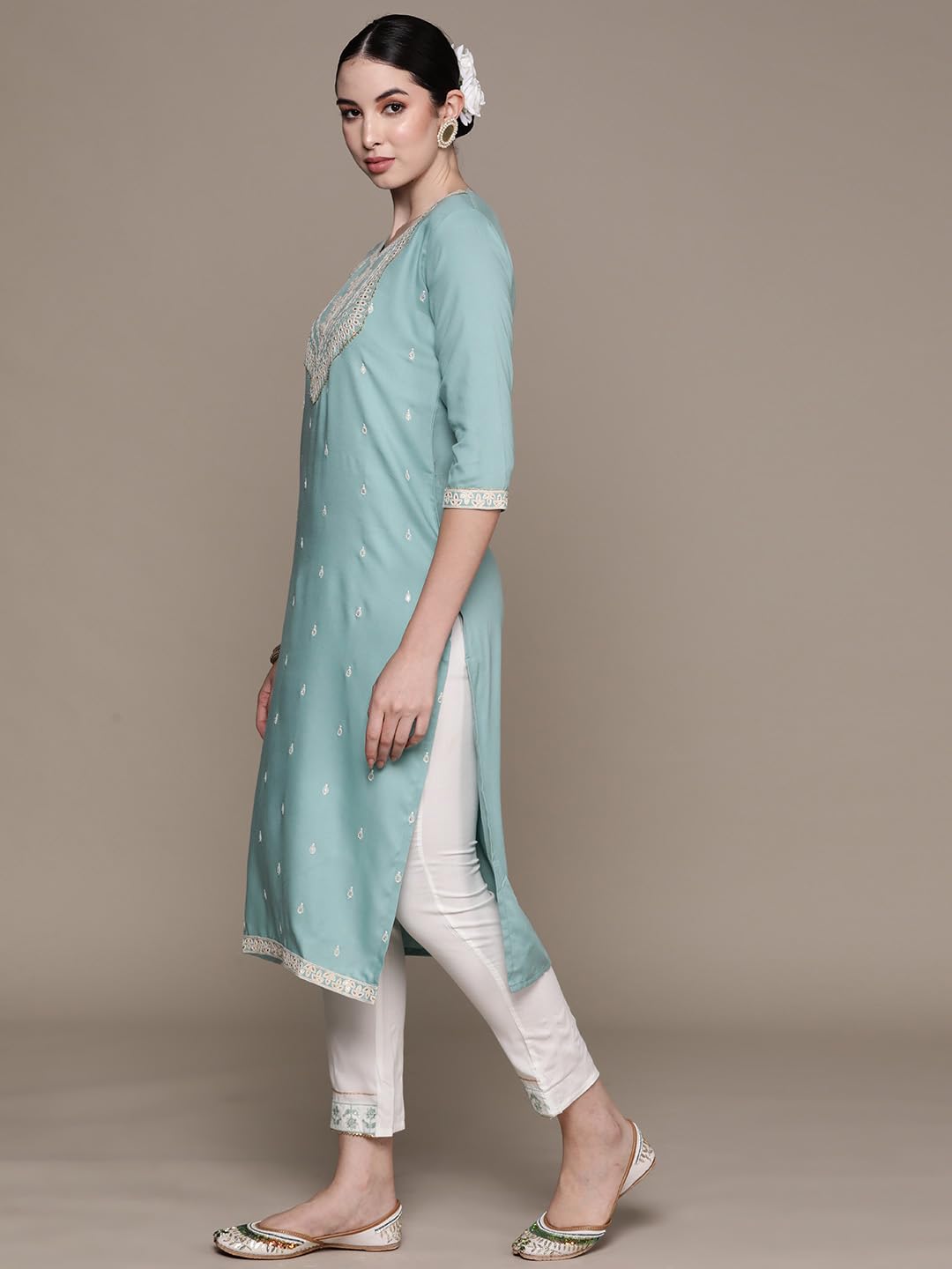 ishin Women's Viscose Rayon Embroidered Blue Straight Kurta Suit Set with Pants