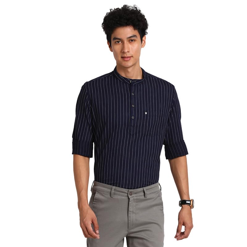 Turtle Men 100% Cotton Navy Blue Printed Slim Fit Full Sleeve Kurta Shirt